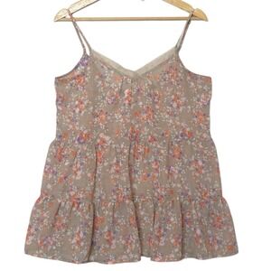 Y2K Tiered Sheer Floral‎ Cami Tunic Top Womens M Tan Lace Boho Hippie Fairycore